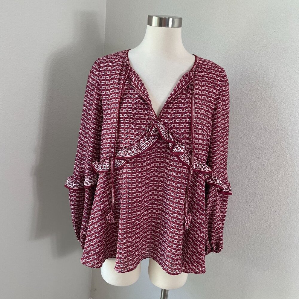 Max Studio Womens Large Burgundy White V Neck Ruffle Blouse Shirt Top